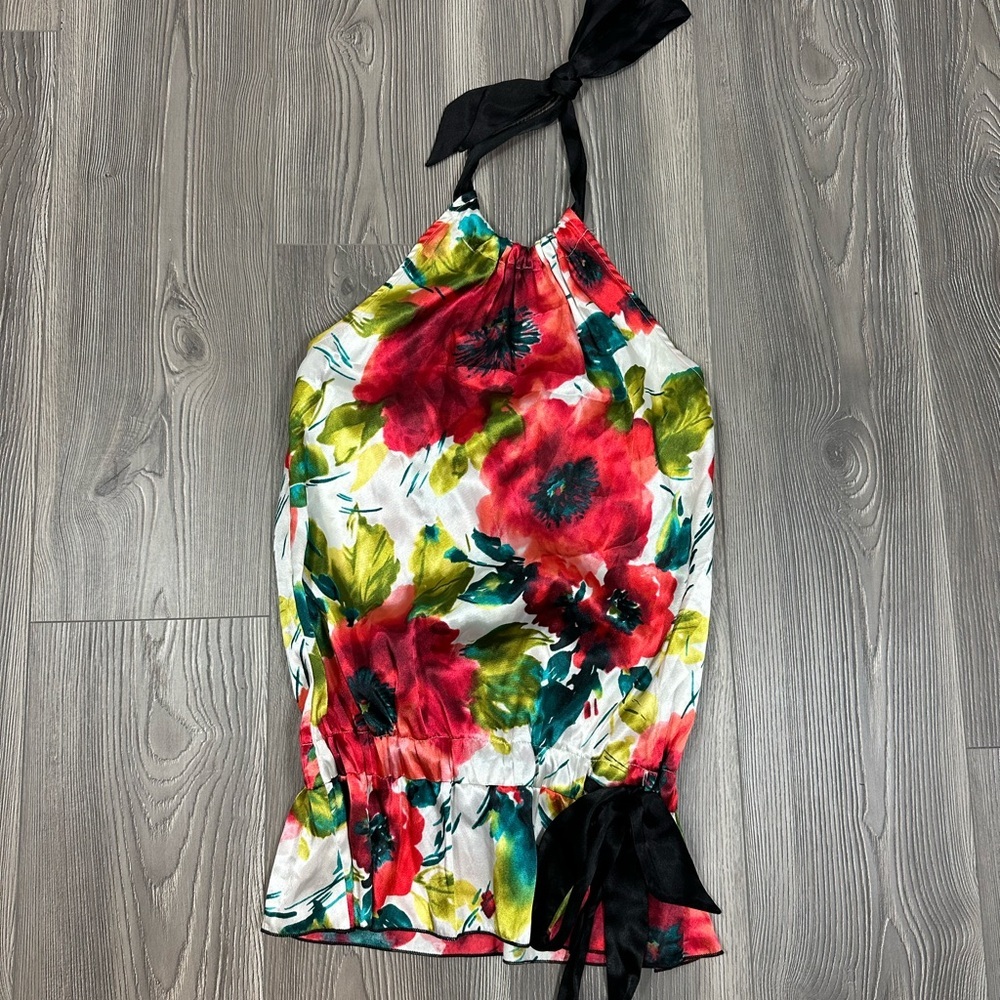 A. Byer Satin Floral Halter Top with Peplum Hem Small Festival Spring Summer Top